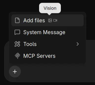 Llama.cpp UI showing 'Add files' menu for model with vision-capabilities.